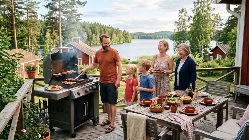 Perhe grillaa terassilla — kaasugrillin valinta